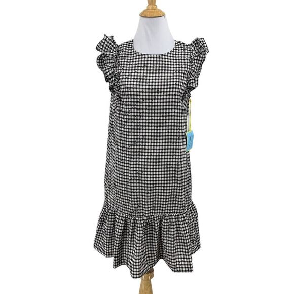 Cece Dress Womens 4 Black White Gingham Check Flutter Sleeve Flounce Hem Mini - Picture 1 of 13